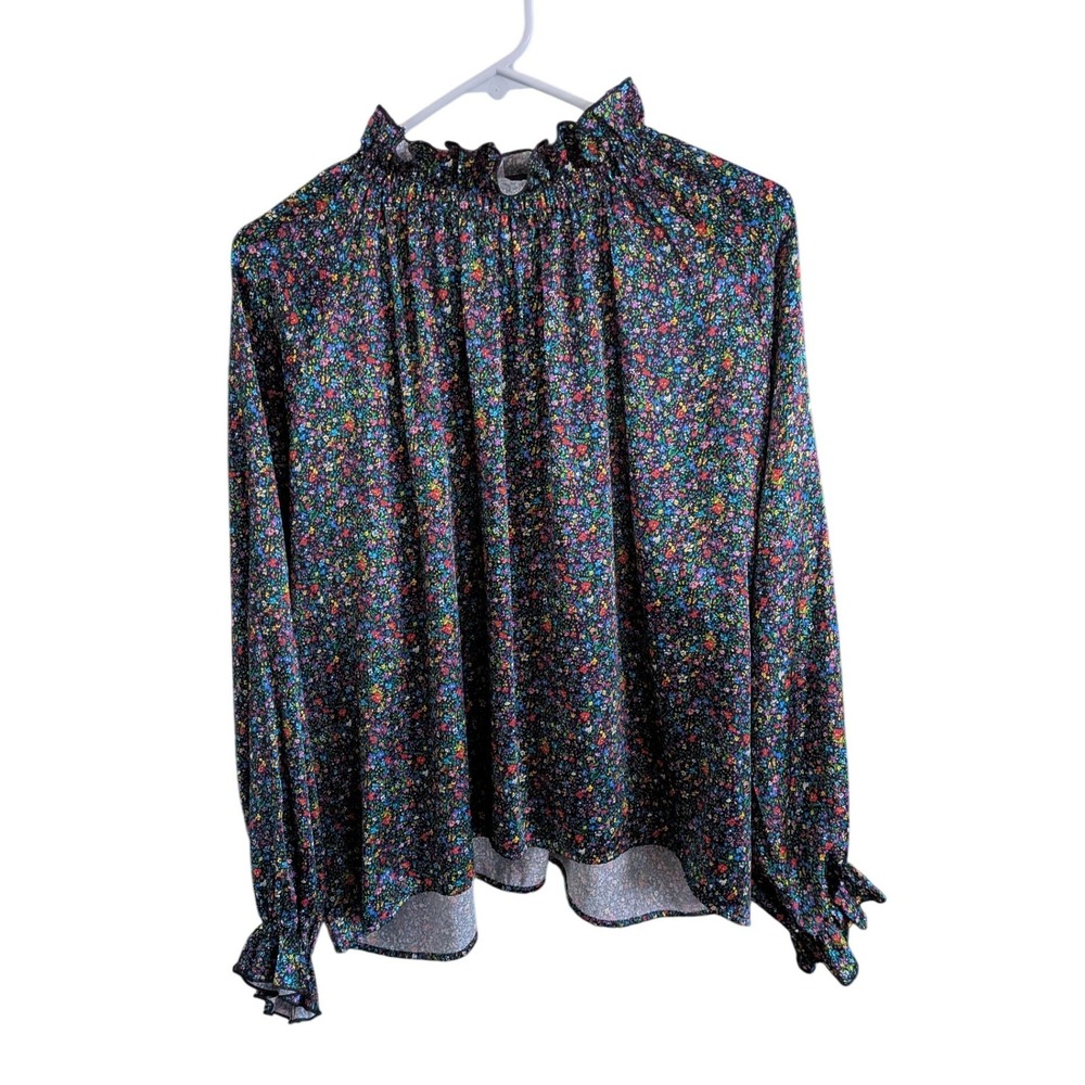 Cynthia Rowley Silk Floral Ruffle Mock Neck Blouse Black Multi Color XS
